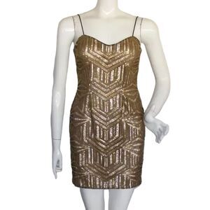 AIDEN MADDOX Mini Dress, 0/2, Golden Sequins, Skinny spag straps, Evening